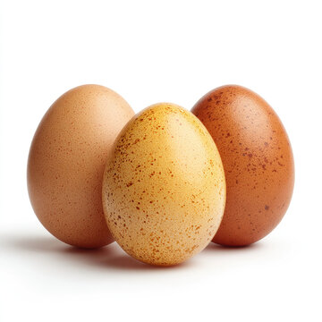 Three speckled chicken eggs with different brown shades on white