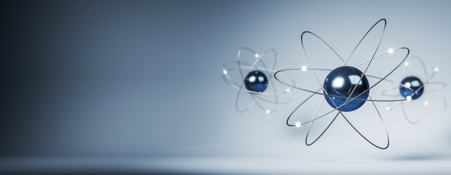 Abstract 3D atom model with electrons orbiting a nucleus on a clean gradient background for science concept and creative design template mockup. 3D Rendering