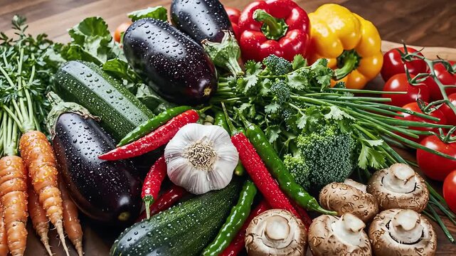 Beautifully composed overhead cinematic shot showcasing an artistic arrangement of colorful fresh organic vegetables displayed on a large wooden preparation surface preparation, food, assortment