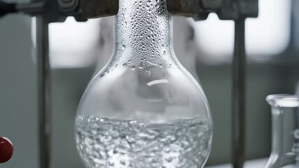 Cinematic clean shot of transparent laboratory liquid gently boiling inside a retort flask with visible steam condensation forming on the cool glass neck inside, science, Cinematic