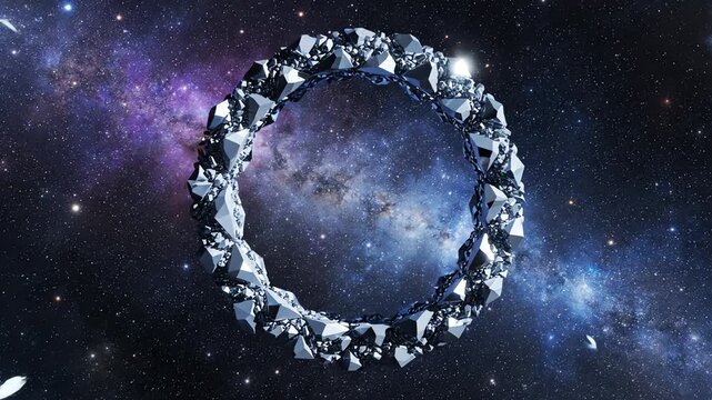 Cinematic abstract visualization of sharp crystalline star shards rapidly flying together to construct a high-contrast shadow-casting oval geometric frame in deep space structure, particles, deep