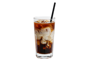 A tall, clear glass of layered iced coffee with dark roast, creamy milk swirling, clear ice, and a black straw, isolated on a transparent background with copy space, concept for beverage advertising