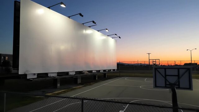 Cinematic dolly movement gliding smoothly along the massive blank white surface of an advertising hoarding overlooking a quiet asphalt basketball court at dusk sports area, smoothly, serenity