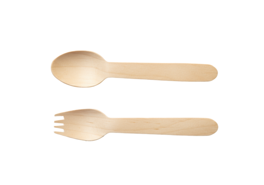 Disposable wooden spoon and fork, light tone, natural grain, matte finish, arranged on transparent background, copy space, flat lay, sharp focus, Concept of sustainable dining solutions