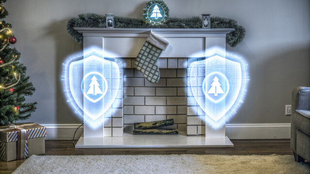 Christmas cyber security concept with glowing digital shields and tree icons protecting fireplace festive living room