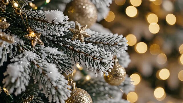 Cinematic close-up shot revealing frosted pine needles dusted with shimmering snow and interspersed with tiny gold holiday decorative accents and warm lights fir, winter, festive