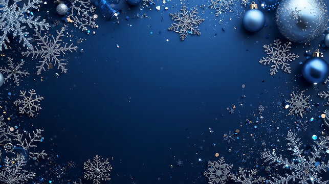 Winter Wonderland: Delicate snowflakes and gleaming ornaments frame a space for winter festivities. The deep indigo hue evokes the serene ambiance of the festive season. 