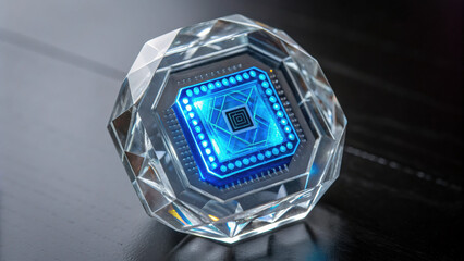Christmas cyber security concept with futuristic glowing blue chip in crystal on dark background festive and modern