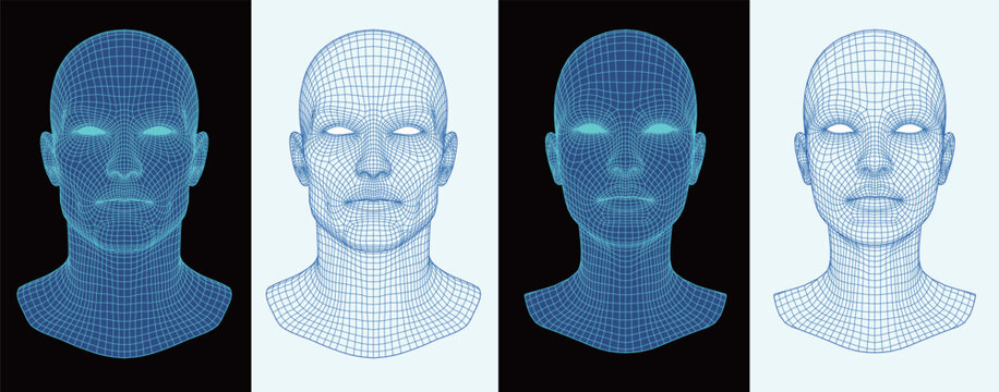 Set of 3D wireframe human heads. Male and female cybernetic faces for Artificial Intelligence, biometrics, and facial recognition concepts. Blue digital mesh isolated on black and white backgrounds