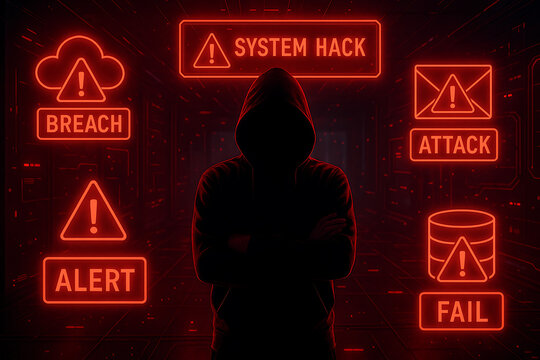 System hack alert showing a silhouette of a man with crossed arms in a dark hoodie surrounded by digital red neon text boxes indicating breach attack and fail