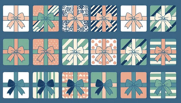 Collection of Flat Design Gift Boxes with Ribbons and Bows in Pastel Colors.