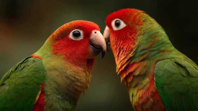 Two colorful parrots interacting closely with vibrant feathers and expressive eyes in natural setting