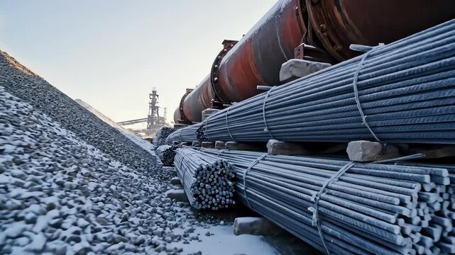 Cinematic dolly shot moving past huge snow-covered mounds of aggregate construction material next to large industrial pipes and metal reinforcing bars construction, jobsite, winter delay