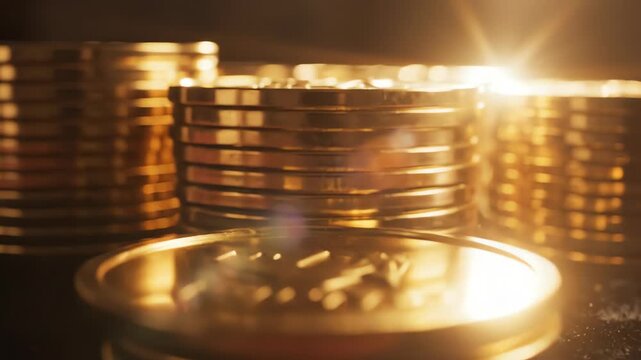 Cinematic macro shot showcasing a precise stack of polished golden metallic investment disks catching the sunlight, symbolizing secure savings and reliable earnings capital, metallic, catching