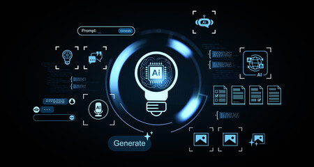 Futuristic AI content generation interface with digital icons and glowing circuit light bulb on dark blur background, creative technology concept.. 3D Rendering