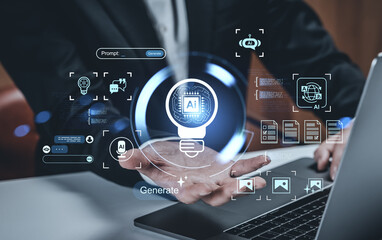Businessman using AI technology with holographic interface to generate content and ideas in futuristic digital workspace on tech background.