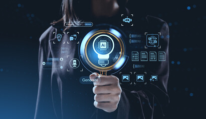 Hand holding magnifying glass with AI lightbulb icon surrounded by futuristic tech graphics on dark background, showing artificial intelligence concept.