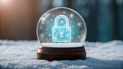 Christmas cyber security concept with glowing padlock and snowflakes inside glass snow globe on snowy surface