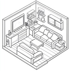 Cozy isometric living room interior design illustration, perfect for home decor websites