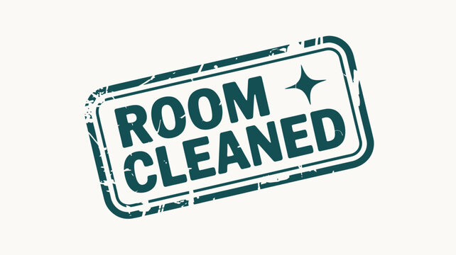 A green rubber stamp with the words room cleaned and a star on a white background indicating cleanliness