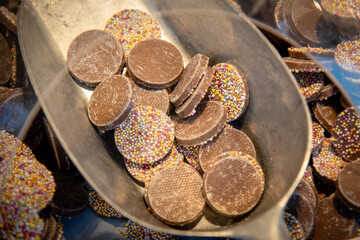 Pieces of delicious chocolate bars with tasty caramel.