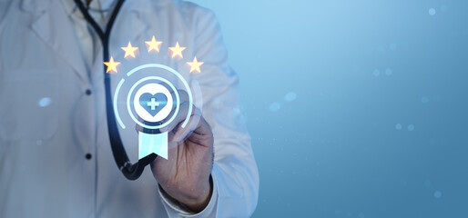 Doctor touching virtual five-star healthcare rating icon representing medical service quality and patient feedback on blue background conceptually.