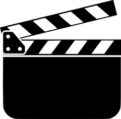 simple black silhouette of a film clapperboard with an elevated clapper