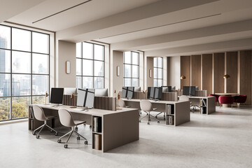 Modern open space office interior with city view, minimalist furniture, large windows, and contemporary design details in neutral colors. 3D Rendering