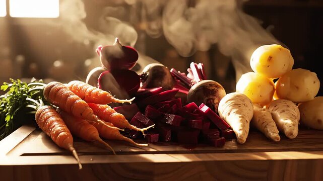 Cinematic still life setup of a perfectly organized wooden cutting board displaying colorful root vegetables bathed in soft golden hour sunlight life, onion, overhead