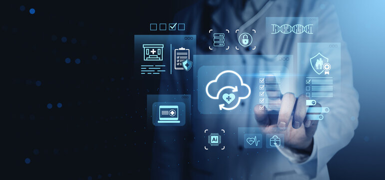Doctor interacting with digital healthcare cloud interface showing medical data, AI chip, and security icons on blue futuristic background concept.