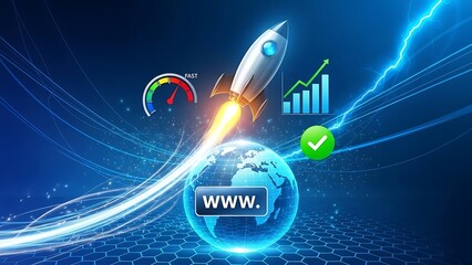 Rocket launching over globe illustrating fast website speed and seo improvement with growth chart on a blue background
