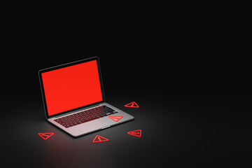 Laptop with red warning screen and alert icons around it on dark background, symbolizing cybersecurity threat or system error concept creatively illustrated. 3D Rendering
