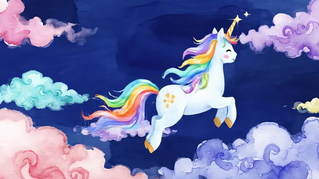 Cinematic wide shot of a cute watercolor unicorn floating gracefully through soft, painted pastel clouds against a deep blue sky backdrop smooth movement, sweet, magical journey