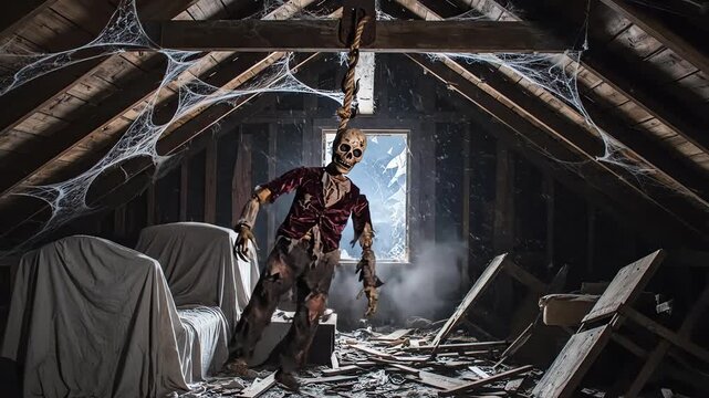 Cinematic wide shot of a tattered, undead puppet hanging alone from a hook, violently swinging in a fierce wind inside a dark, thunder-lit attic during a storm evil, shadows, storm