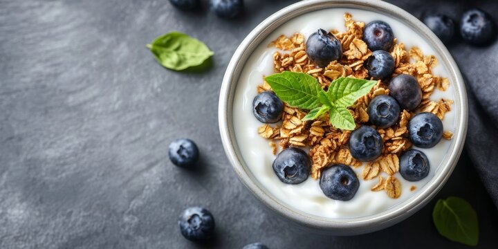 A healthy breakfast bowl of oatmeal topped with fresh blueberries, a sprinkle of oats, and garnished with mint leaves. Perfect for a nutritious start to the day.