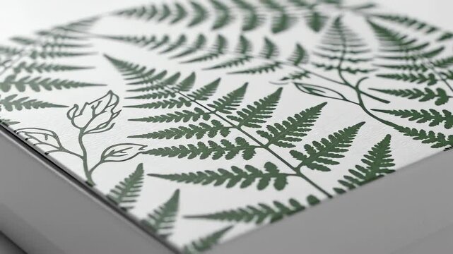 Close-up macro visualization of a subtle green botanical print pattern digitally materializing and adhering onto the smooth surface of a white gift box motion graphic, delivery, surprise