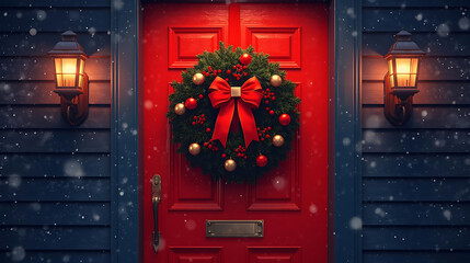 Festive Front Door: A vibrant red door, adorned with a lush Christmas wreath and elegant sconces, invites warmth and cheer during the holiday season.
