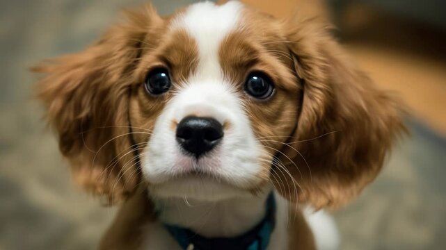 Adorable puppy with floppy ears and bright eyes looking directly at camera in indoor setting