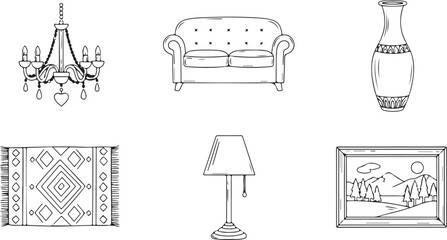 Fototapeta premium Hand- Drawn Outline Icons of Home Furnishings chandelier sofa