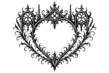intricate gothic heart-shaped frame with ornate medieval architectural details, pointed arches, floral flourishes, quatrefoil motifs, and decorative spires in detailed black and white illustration