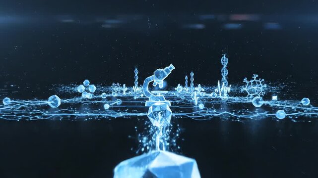 Continuous, seamless looping motion graphic of interconnected glowing blue data paths linking several abstract representations of medical devices on a dark background digital connection, communication