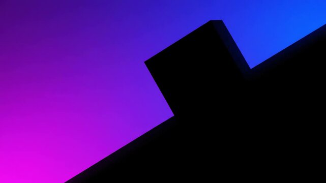 Dark geometric cube shape pushes slowly up a sharp conceptual incline rendered as a stark powerful silhouette against an intense glowing gradient background looping, graphic, power