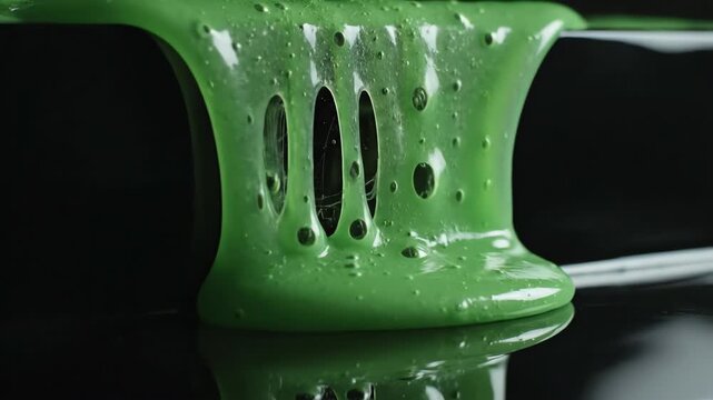 Dark and dramatic slow motion extreme close up of thick eerie alien green viscous ooze dripping down a sleek reflective surface creating stringy trails sleek, acidic, halloween