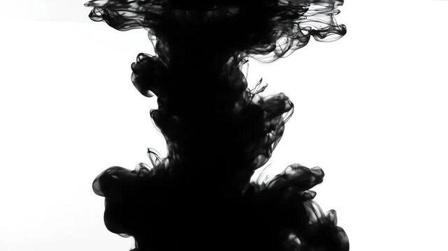 Deep black smoke resembling ink slowly dissolving and drifting downward like liquid underwater against a stark, high key white screen lit dramatically from the side resembling ink, contrast