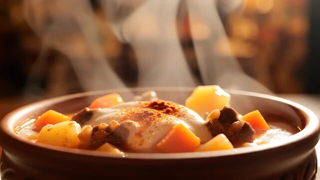 Depth of field shot focusing on the intense rising steam wafting upwards from a freshly served bowl of piping hot goulash indicating its extreme temperature and rich flavors rising, served, meal
