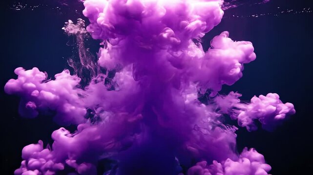 Deep underwater view of an inverted explosion of glowing neon violet fluid dispersing rapidly through dark water, resembling a strange cosmic nebula in motion strange cosmic nebula, vibrant purple