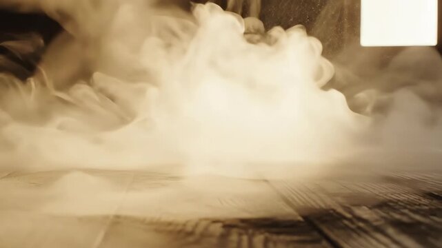 Detailed close-up macro shot of dense, rolling white fog creeping slowly across a dusty wooden floor near a sunlit window frame floorboards, abstract, mysterious