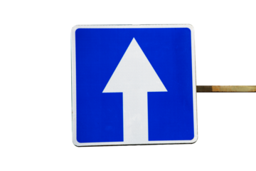 A blue and white sign with an arrow pointing to something, often used for navigation or direction