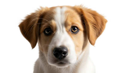 Close up of a puppy with brown and white fur looking directly at the viewer on a black background