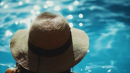 A woman with a large floppy straw hat sits next to a shimmering blue pool with small ripples reflecting the sun.